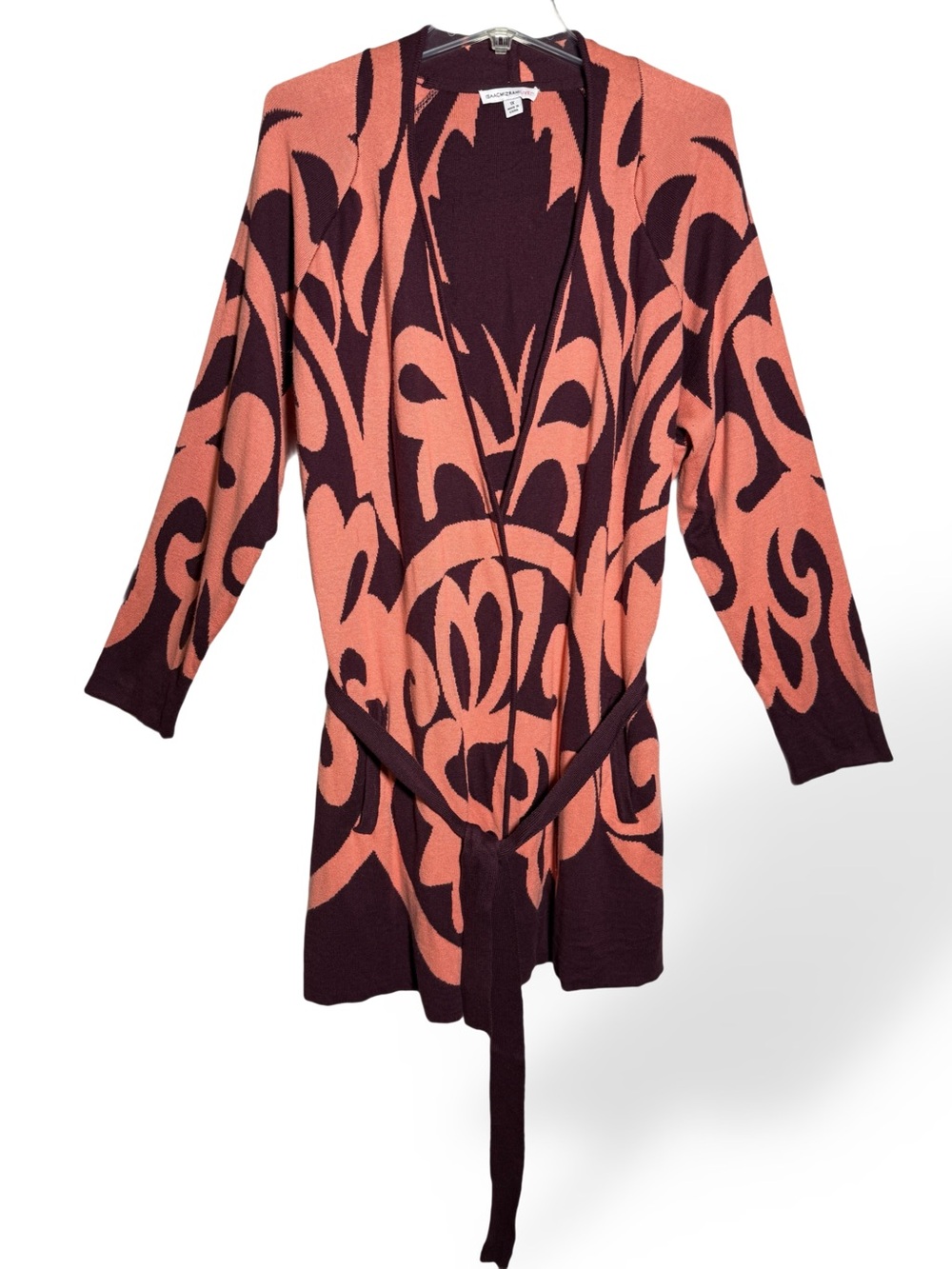 Isaac Mizrahi Coral and Burgundy Patterned Belted Cardigan
